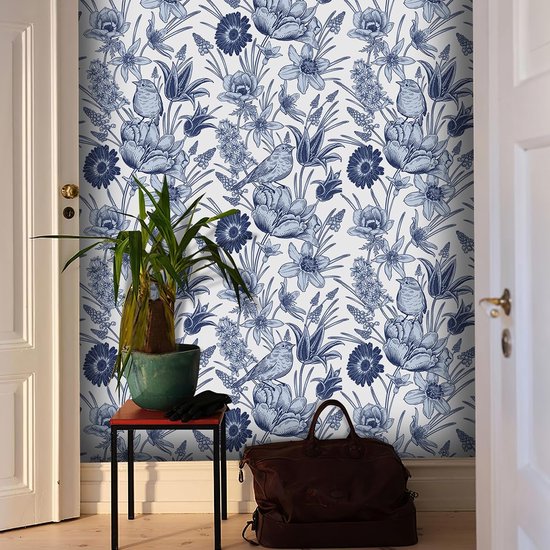Timeet Zelfklevend behang, groen, 41 x 1000 cm, zelfklevend behang, vintage meubelfolie, planten, vogels, bloemen, bladeren, vinyl, waterdichte plakfolie voor slaapkamer, woonkamer, keuken, muur