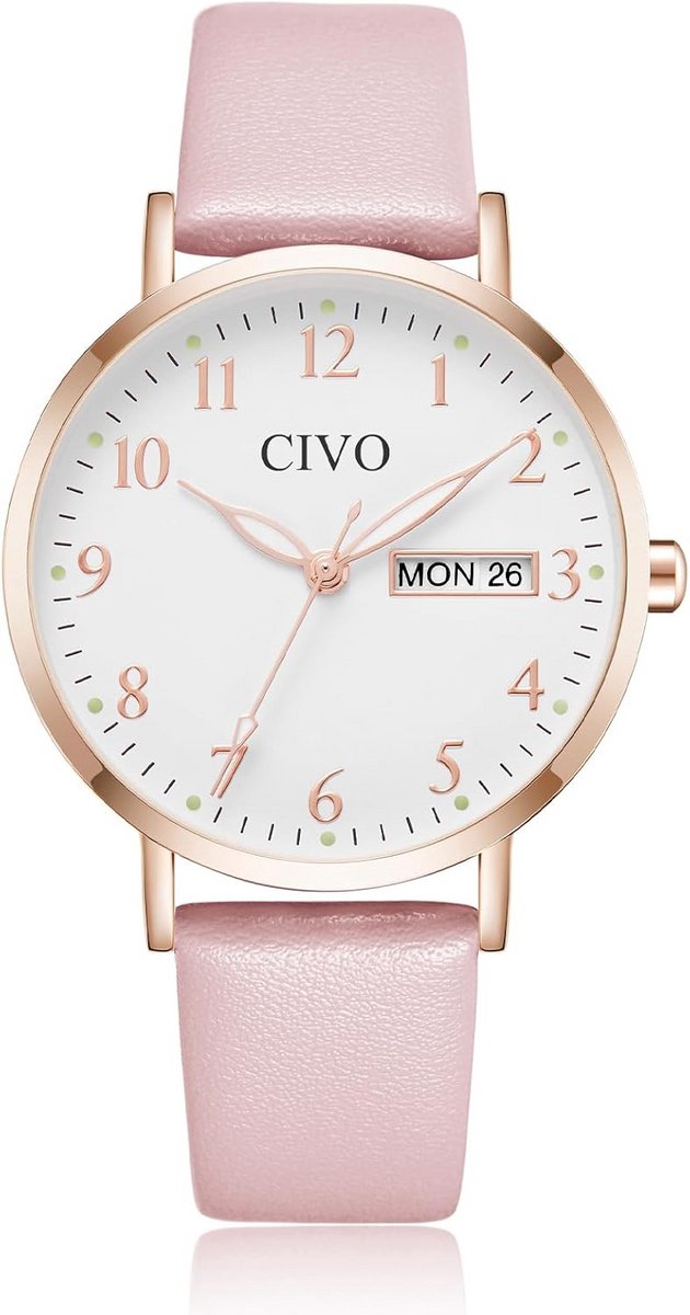 Dameshorloge Roze Leren Band - Minimalistisch Elegante Analoog Kwartshorloge met Datum