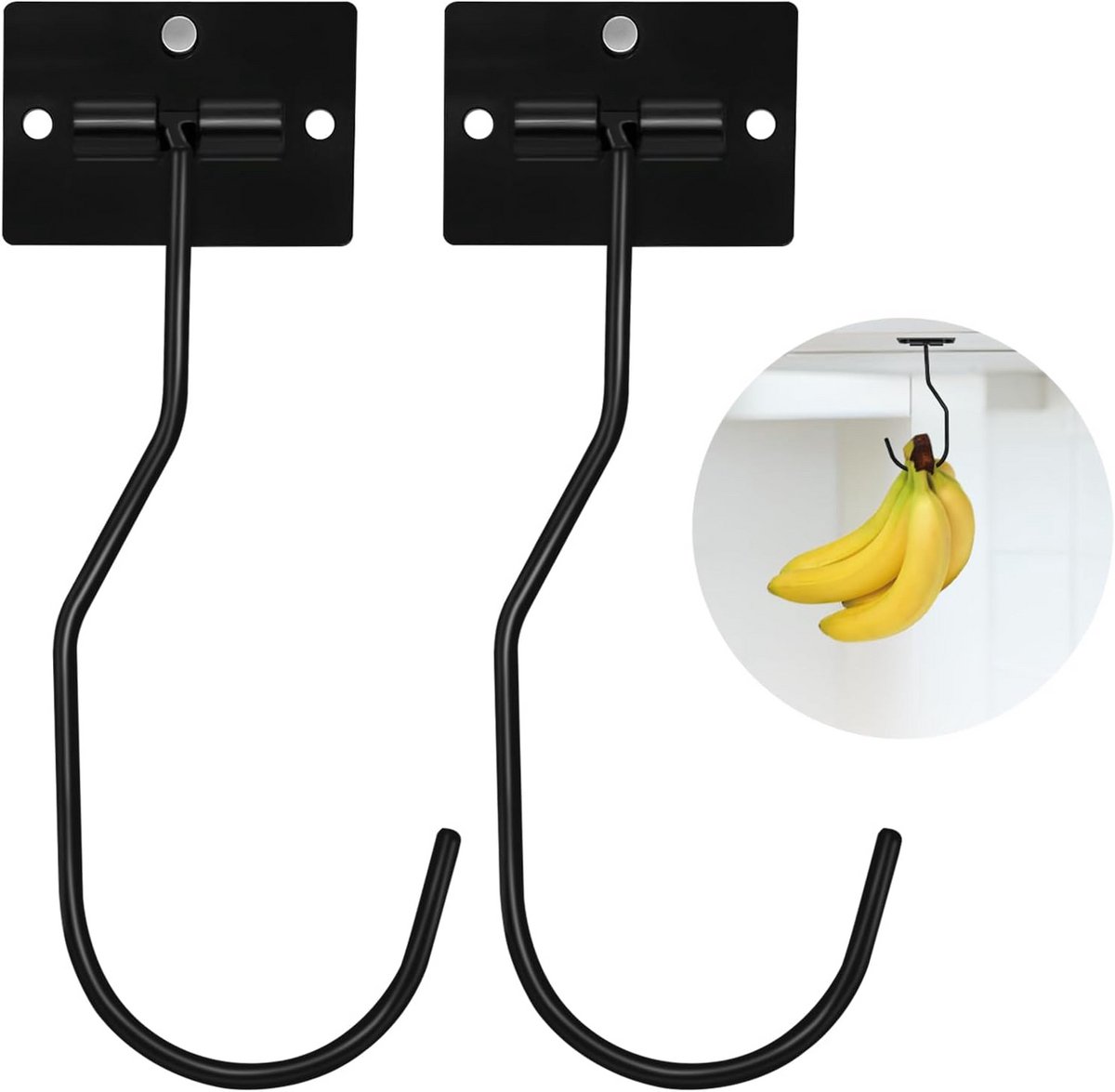 Bananenhouder zwart - ruimtebesparend - zelfklevend en schroefbaar - 2 stuks