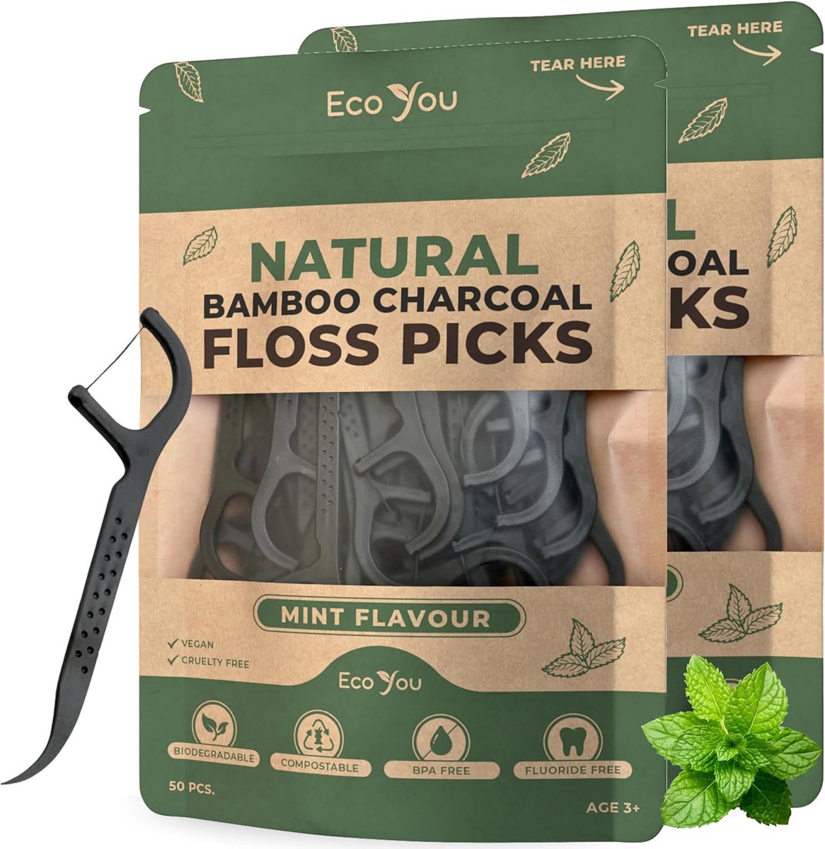 Biologisch afbreekbare floss picks van bamboe | 100 stuks | Milieuvriendelijke tandflossers