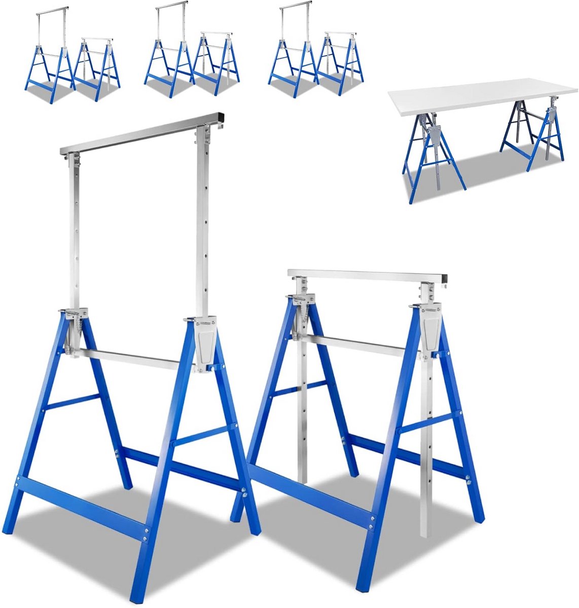 Set van 6 werkschragen verstelbaar in hoogte vouwbare metalen schragen draagkracht 200 kg 80-130 cm