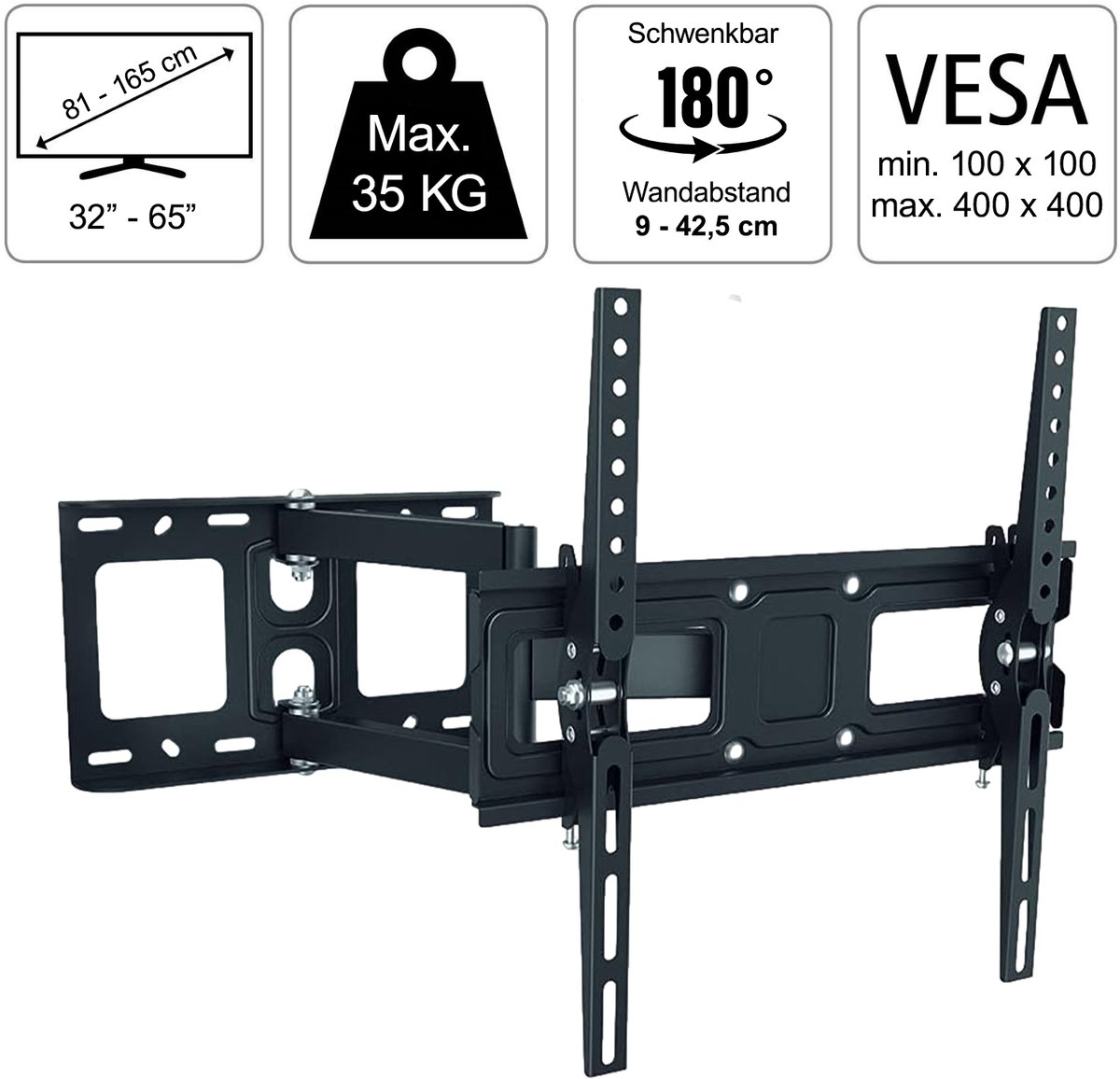 FlashStar TV-muurbeugel FULLMOTION tot 65" Zwart