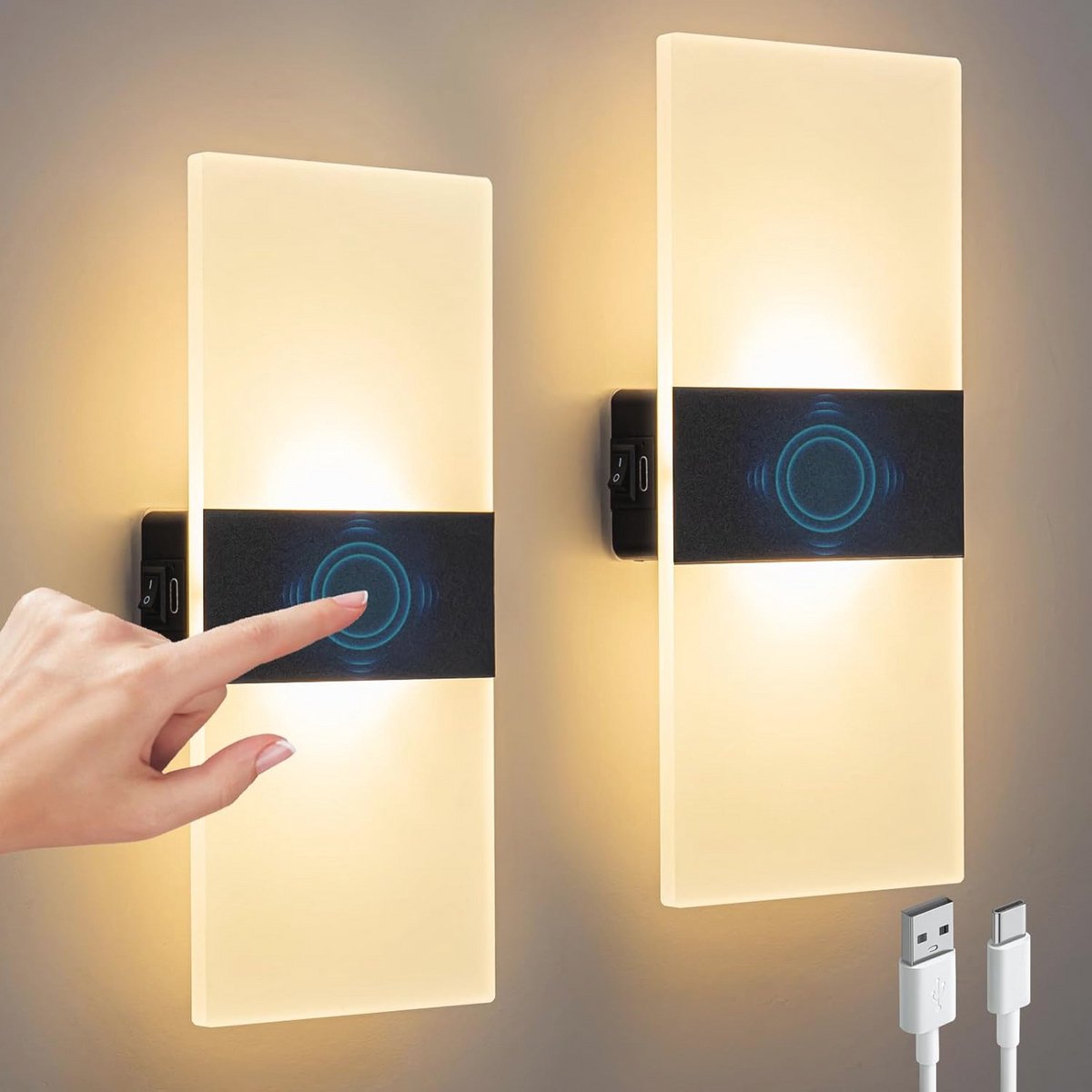 Moderne wandlampen met aanraakbediening en dimbare helderheid, 2 stuks, draadloze wandverlichting voor slaapkamer, woonkamer en gangen