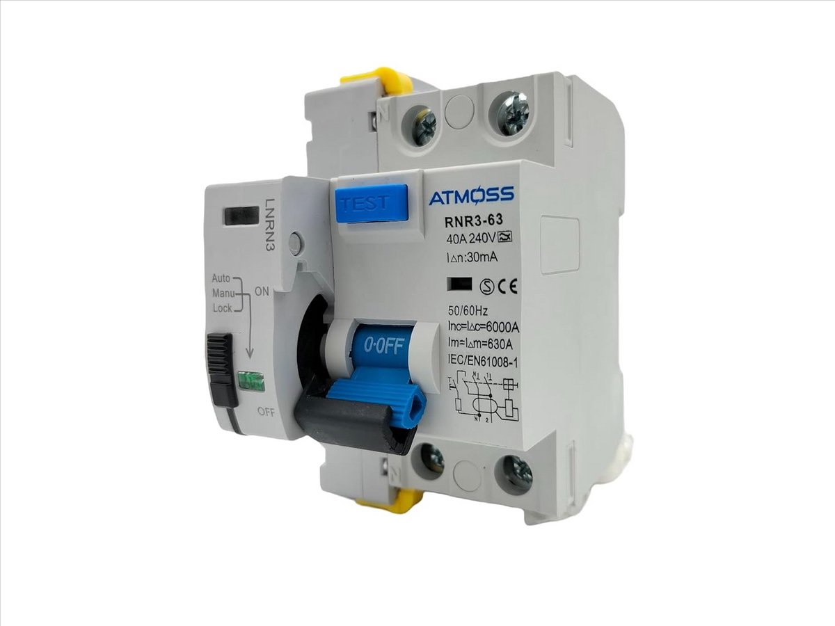 Stroomonderbreker met Automatische Herverbinding 2-polig 40A 30MA - Aardlekschakelaar Type A 0,03 A - 230 V 6 KA