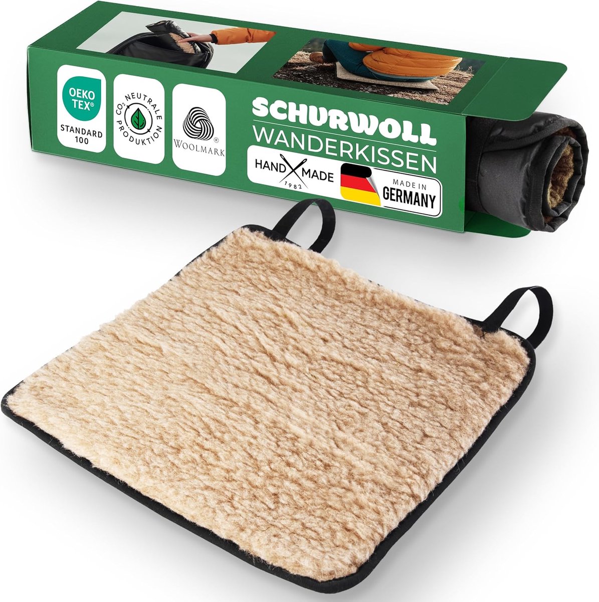Novaliv Wandelkussen - Buitenzitkussen gemaakt van zuivere scheerwol, waterafstotende polyamide onderkant - warm, ademend en isolerend - 37 x 37 cm - Lichtbruin - lichtgewicht en compact - Kamperen, Trekking, Picknick