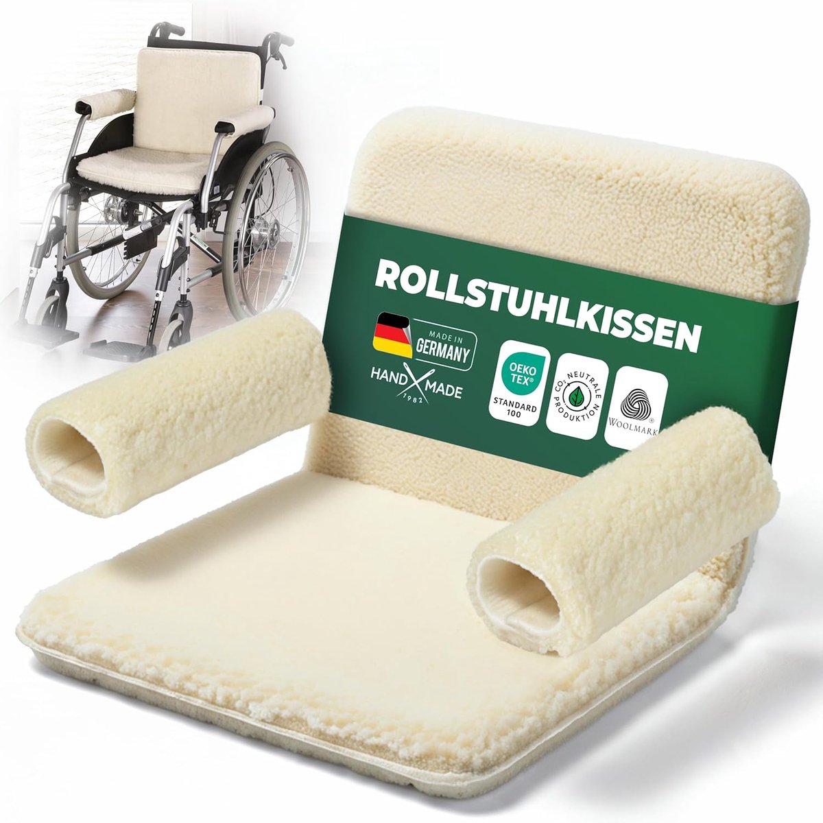 NOVALIV Comfortset voor rolstoelen, naturel - Zitkussen en armleuningbeschermers - Zacht zitkussen en armleuningkussens in natuurlijke tint - Verhoogd zitcomfort, warmte en bescherming - Rolstoelaccessoires voor senioren