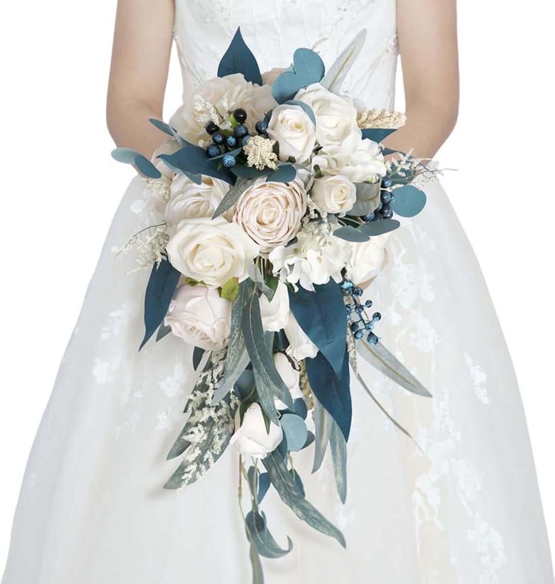 Bruidsboeket Zijden Bloemen Waterval Design Blauw - Kunstbloemen voor Bruiloft & Fotografie