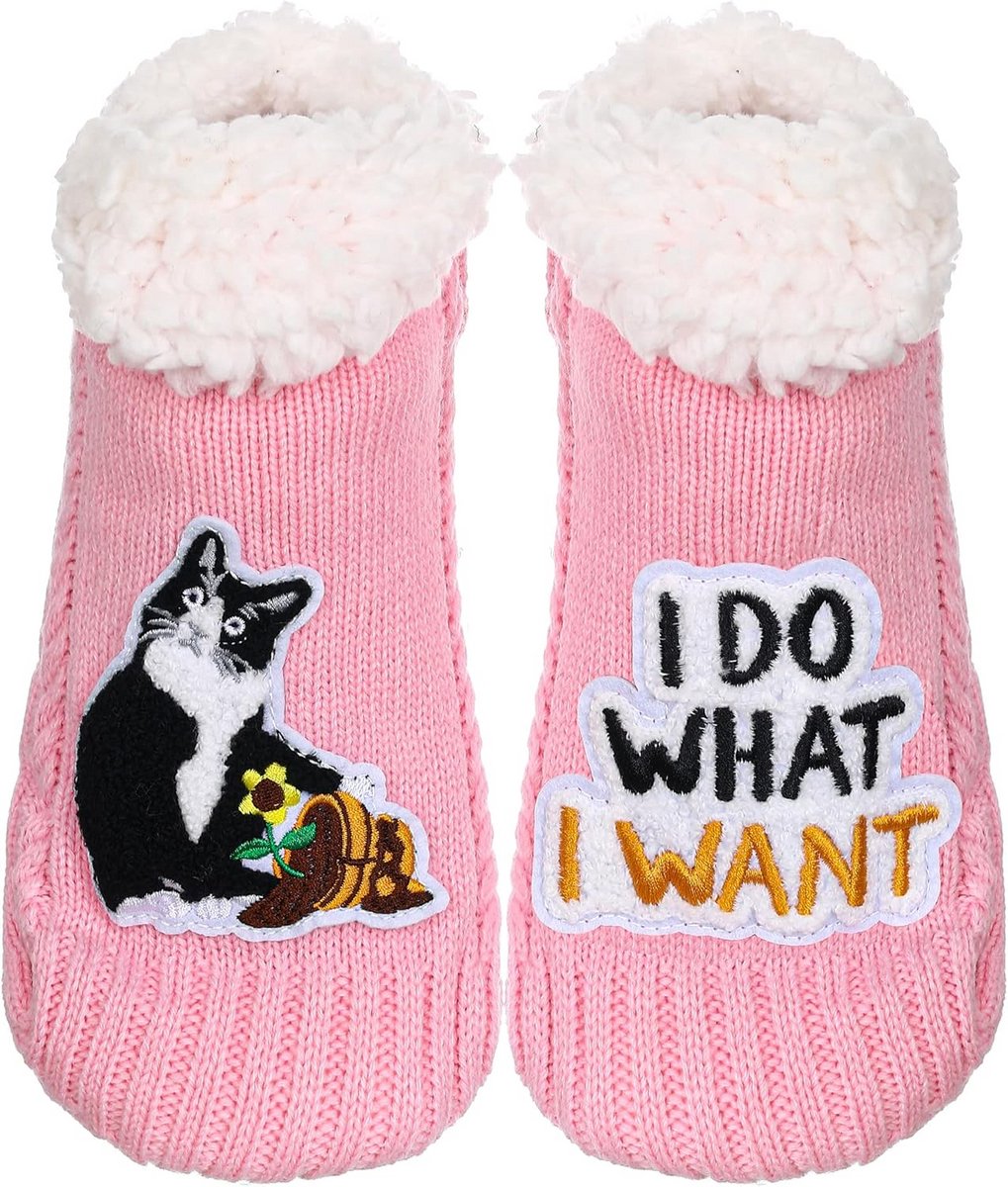 Warme Fleece Huissokken voor Dames met Kat Motief - Antislip Comfortabel en Zacht