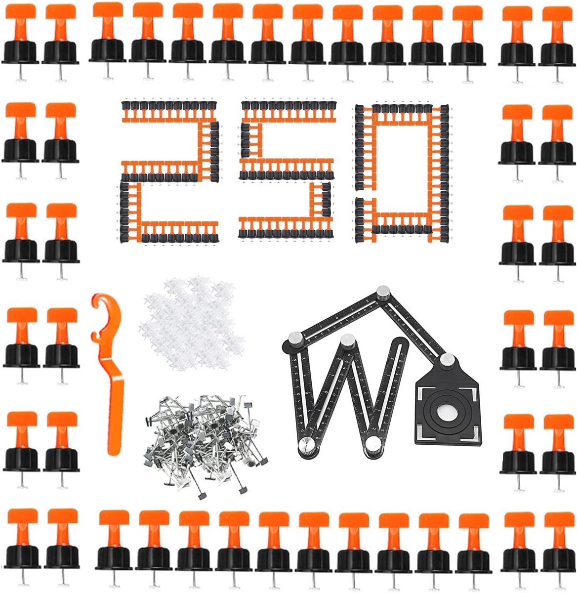 Set van 250 zelfnivellerende tegelwiggen met 100 afstandhouders en accessoires voor tegelvloeren