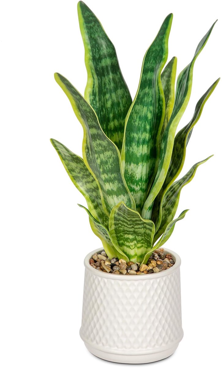 Unyqoos Decoratieve kunstplant Sansevieria in stijlvolle keramische pot voor elke ruimte Geel