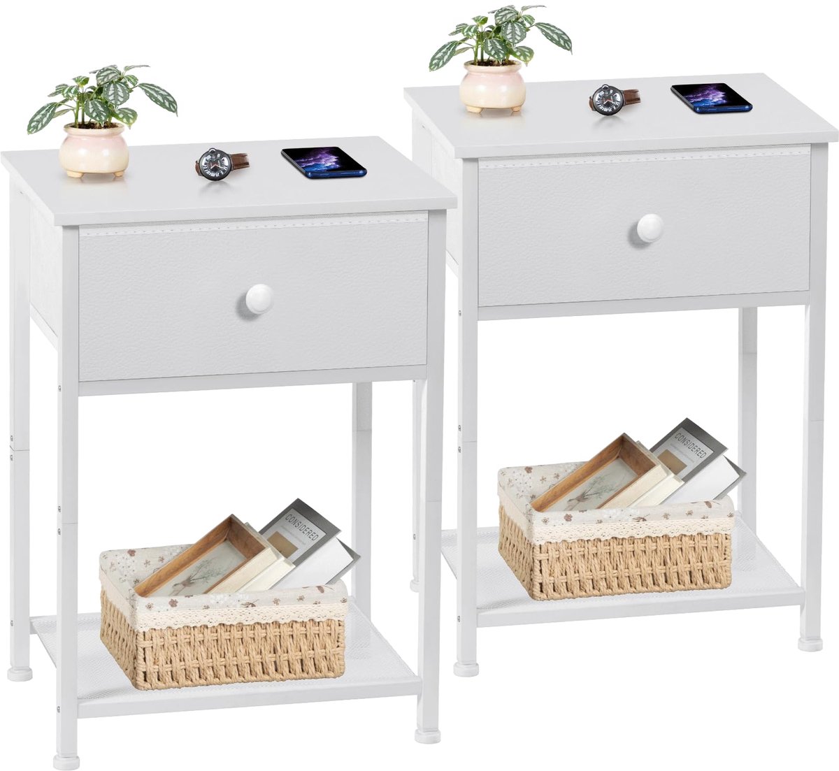 Unyqoos Set van 2 stijlvolle nachtkastjes met stoffen laden en robuust ontwerp Wit