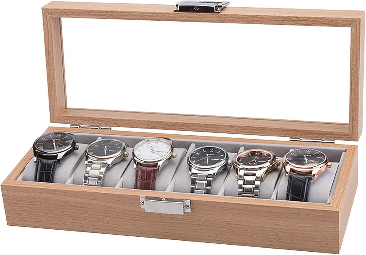 Horlogebox met 6 Vakken - Houten Horloge Display Vitrine Organizer