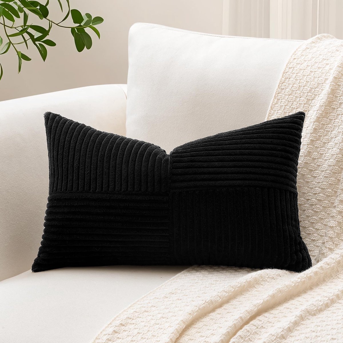 Unyqoos Stijlvolle Corduroy Kussenhoes met Kruisstrepen voor Woonkamerdecoratie zwart