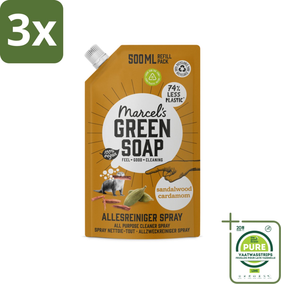 3 x Marcel's Green Soap - Allesreiniger Spray - Navulling - Sandelhout & Kardemon - Frisse reiniging - 500 ml - Grootverpakking - Allesreiniger - Schoonmaakmiddel - Milieuvriendelijk - Biologisch Afbreekbaar - Sandelhout