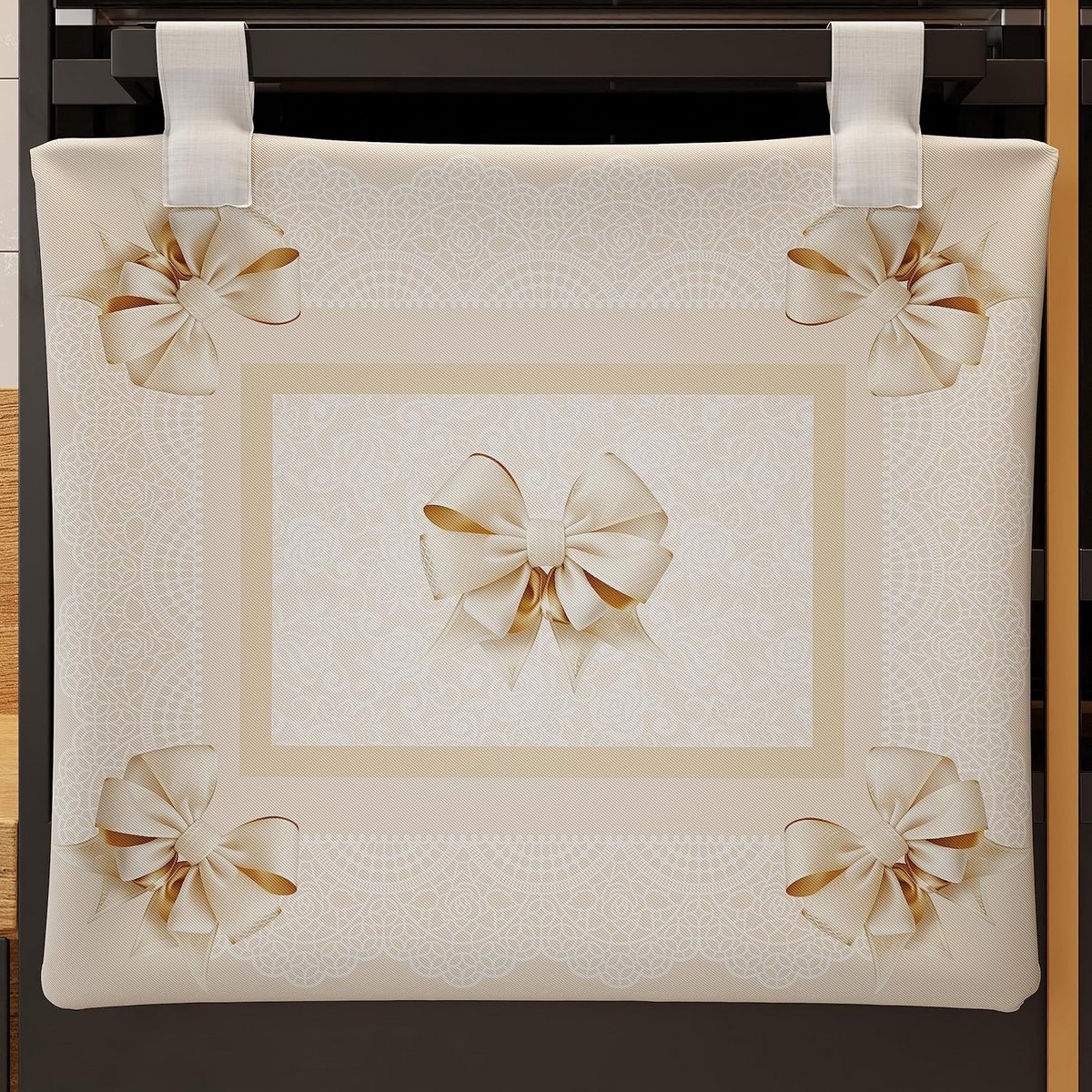 Stijlvolle Ovenafdekking voor Keuken - Moderne Digitale Print met Strik, Beige