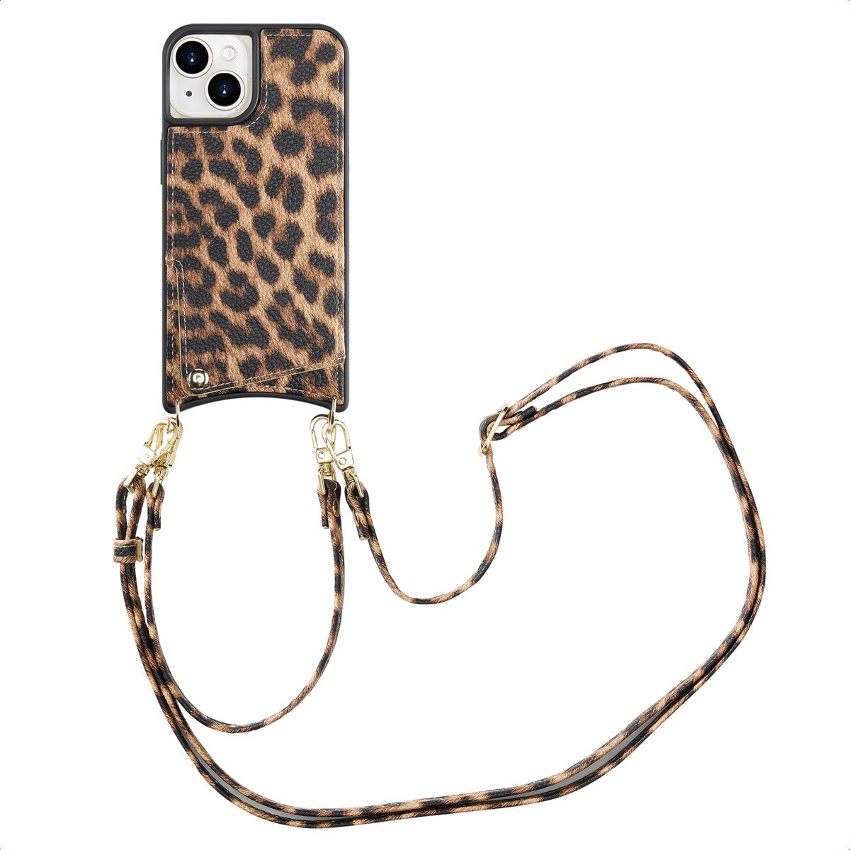 Selencia Hoesje - Geschikt voor Apple iPhone 15 - Backcover met koord en pashouder - Leopard