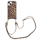 Leopard print telefoonhoesje met kaarthouder en een lange, verstelbare bruine koord.