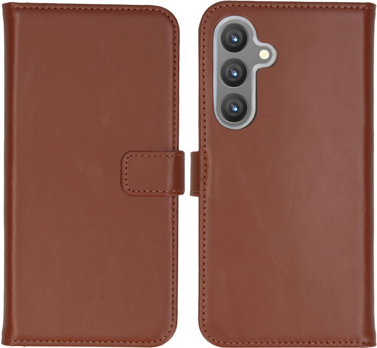 Selencia Hoesje - Geschikt voor Samsung Galaxy S24 Plus - Echt Lederen Bookcase - Lichtbruin