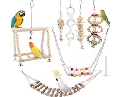 TAECOOOL 8 stuks houten papegaaienspeelgoed, papegaaienvogels kauwen, natuurlijk hout, hangende klok, vogelkooi, schommelspeelgoed, geschikt voor valkparkieten, vinken, kleine parkieten, parkieten en