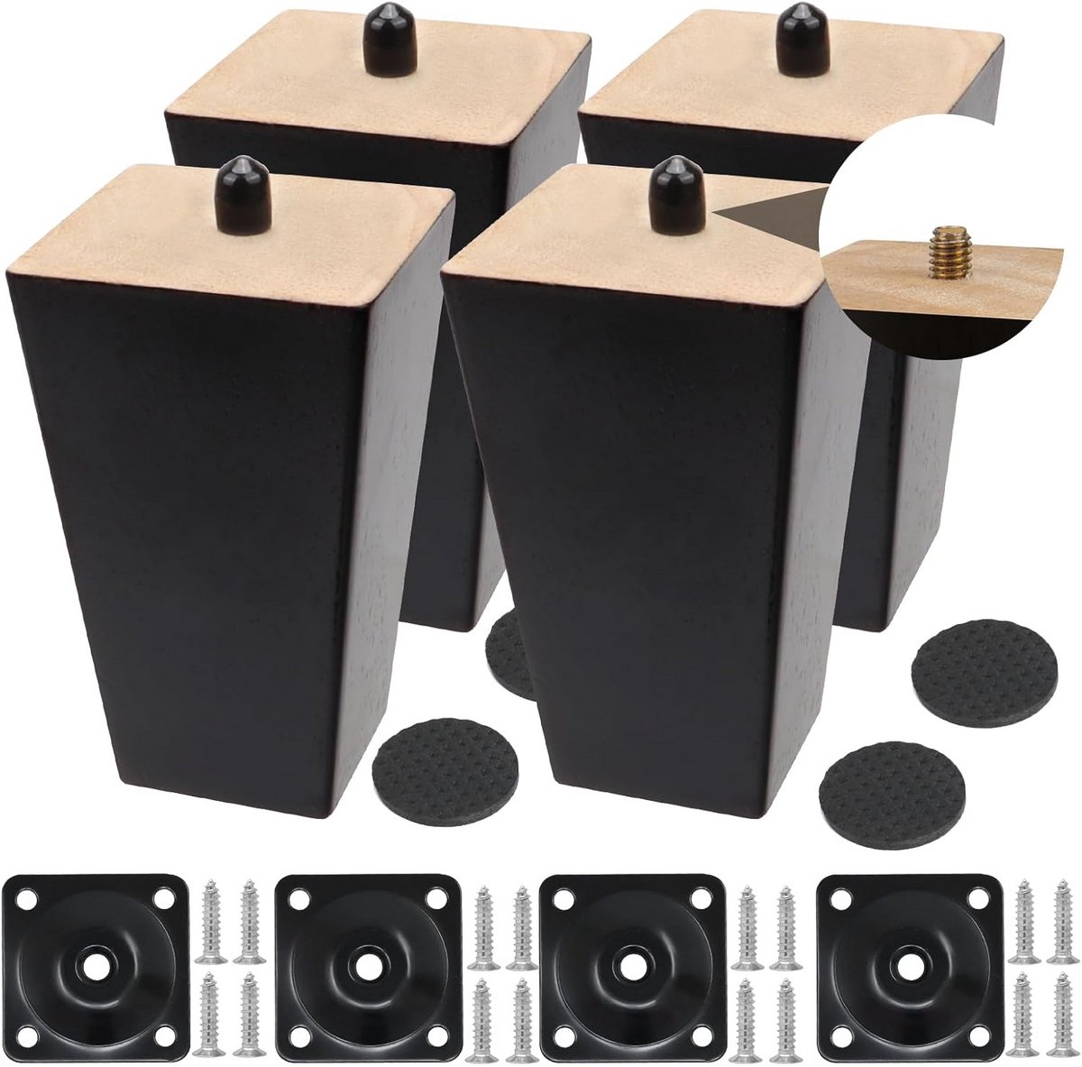 Houten meubelpoten set van 4 - Vervangende meubelpoten 10 cm, zwart, met schroeven en viltglijders