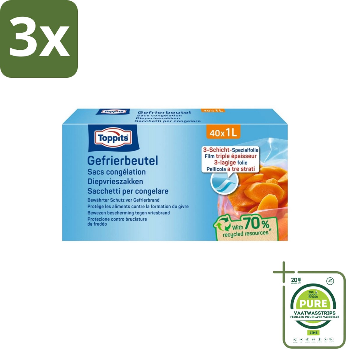 3 x Toppits – Diepvrieszakjes – 1 Liter – 40 Zakjes - Grootverpakking - Diepvrieszakken - Vriesbrand Beschermen - Smaak Behouden - Voedingsstoffen Behouden - Flexibele Bodem