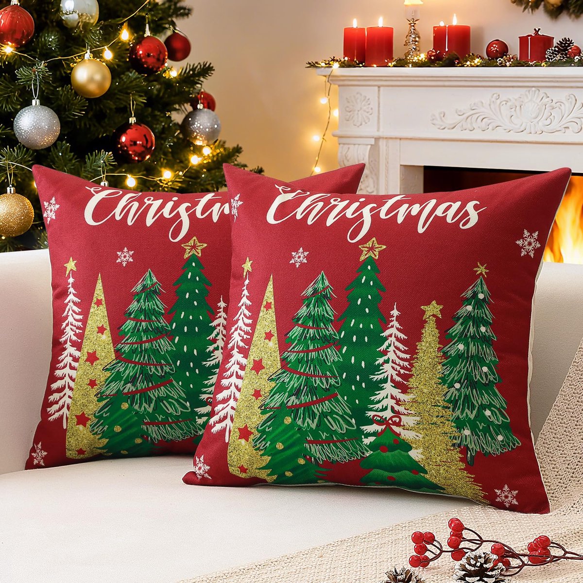 Unyqoos Set van 2 decoratieve kerstkussenhoezen met verborgen ritssluiting 45x45 cm rood