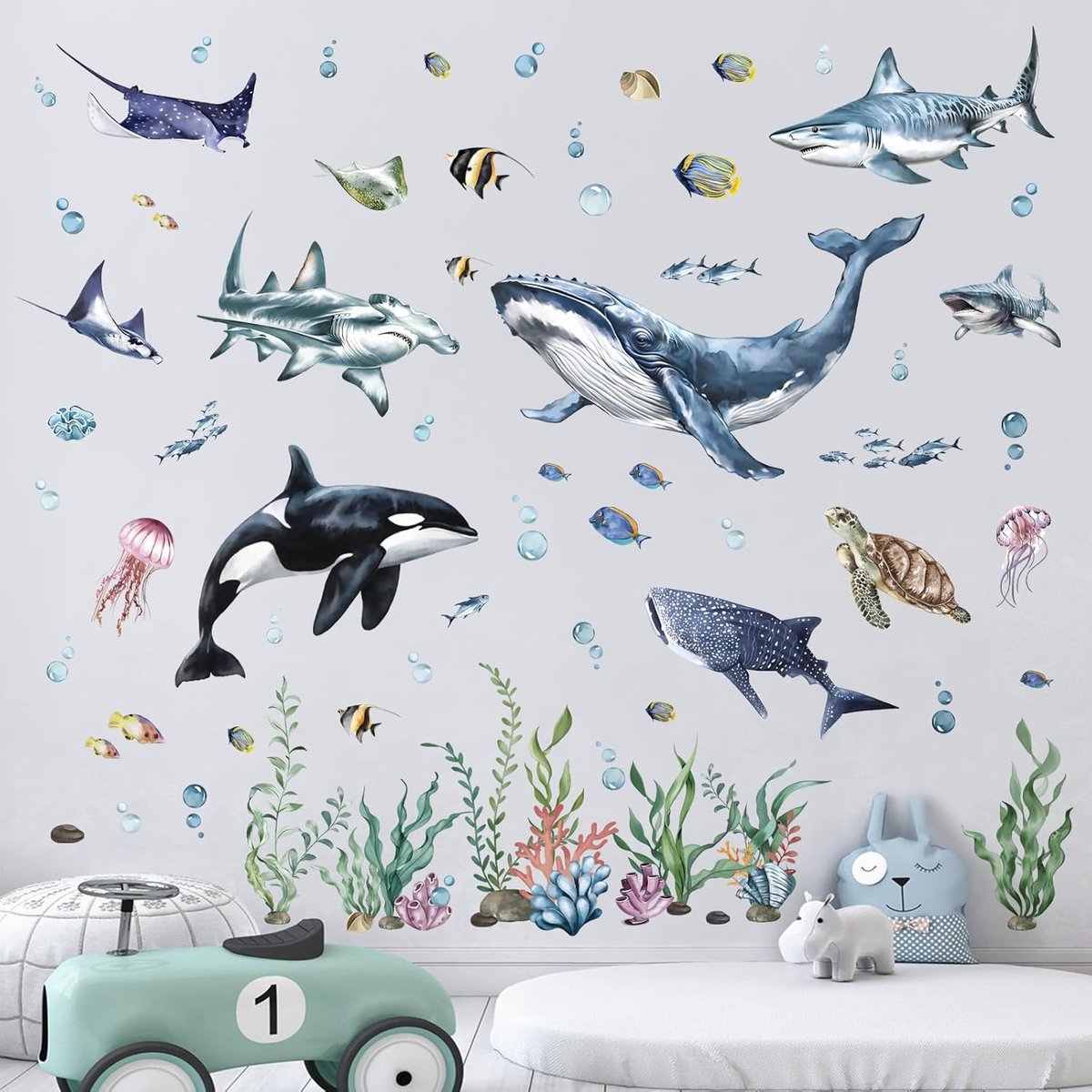 PromoHome Onderwaterwereld Muursticker Set - 8 Vellen Zeedieren Decoratie