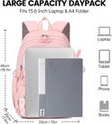 Roze rugzak met afmetingen 46x33x20cm, toont ruimte voor laptop, tablet, telefoon en boeken.