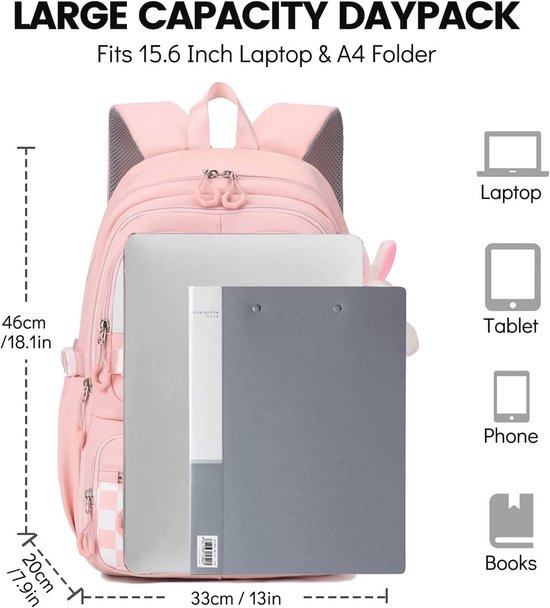 Roze rugzak met afmetingen 46x33x20cm, toont ruimte voor laptop, tablet, telefoon en boeken.