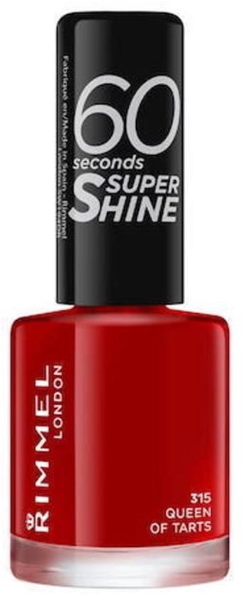 Rimmel London nagellak flesje met rode lak, dop met "60 seconds SUPER SHINE" tekst.