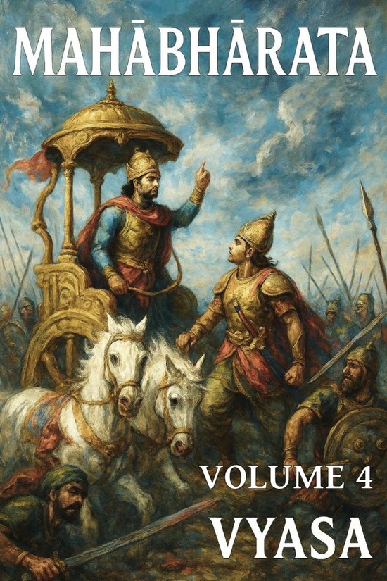 Mahābhārata: Volume 4, geschreven door Vyasa, met een schilderij van krijgers in een strijdscène op paarden en een strijdwagen.