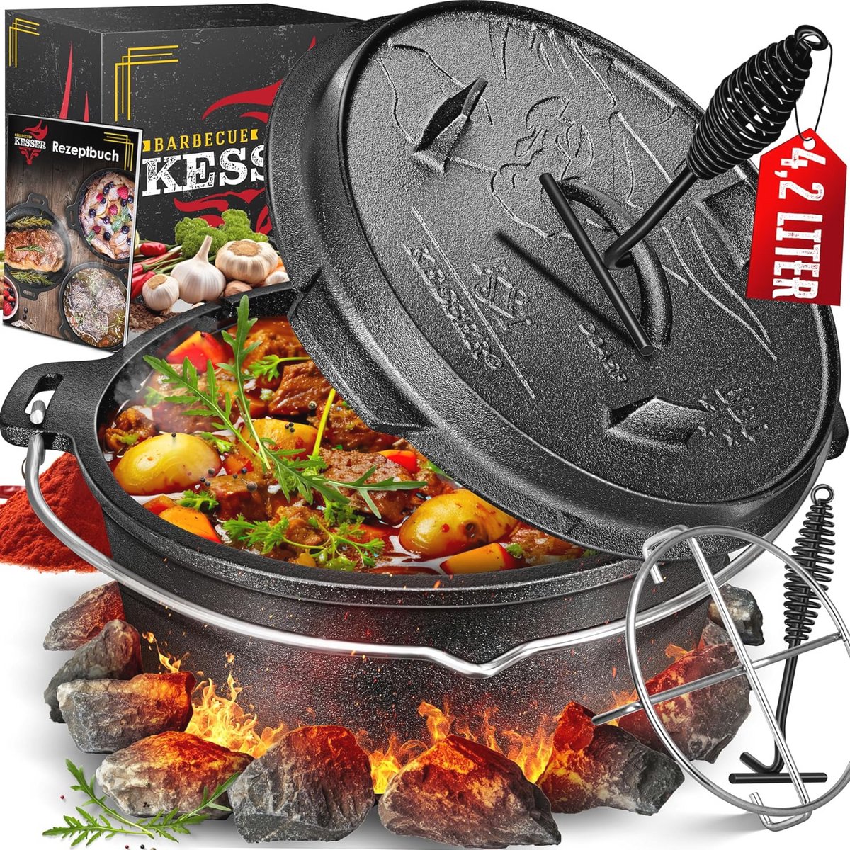 Dutch Oven set - Multifunctionele gietijzeren braadpan met thermometerdoorvoer voor binnen en buiten