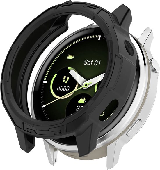 Zwarte, robuuste TPU-beschermhoes op een zilverkleurig smartwatch met datum 'Sat 01'.