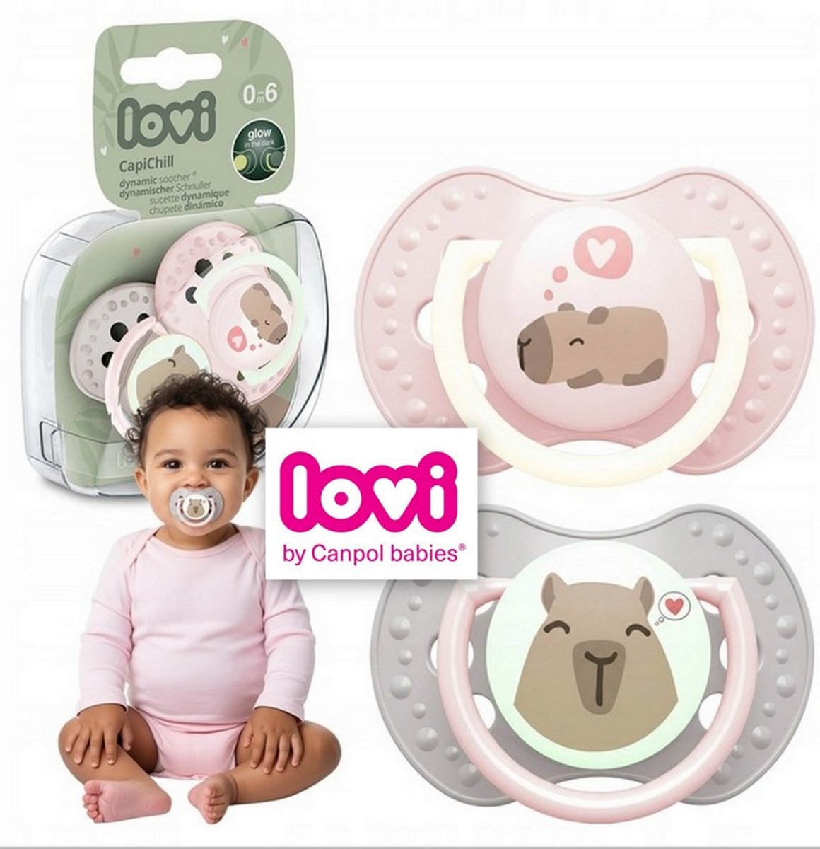 LOVI | Dynamische Fopspeen | CapiChill | Girl | glow-in-the-dark | 2 stuks | 0-6 maanden