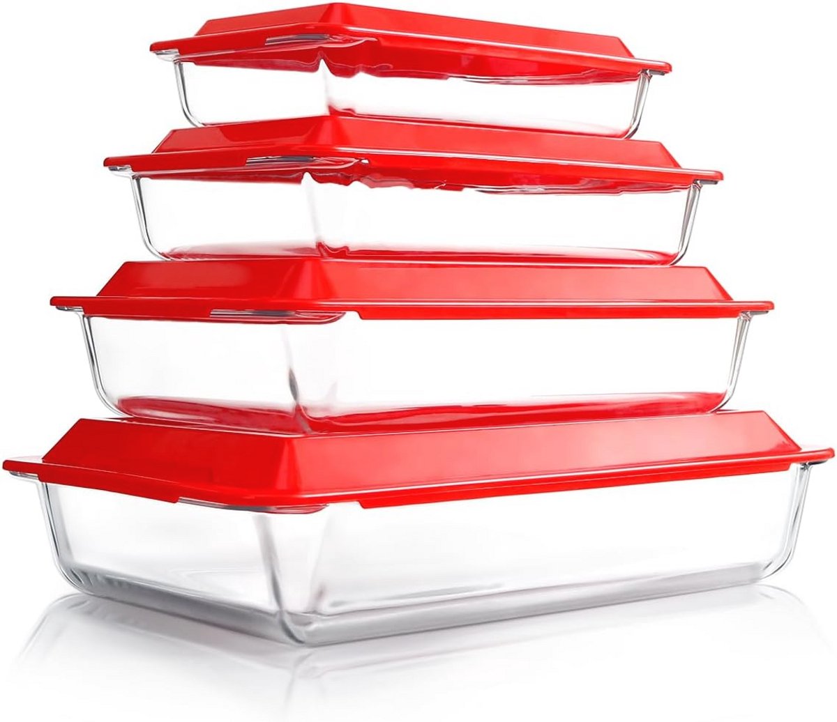 Glazen Ovenschalen Set van 4 met Deksels - Rechthoekige Bakschalen voor Lasagne en Oven