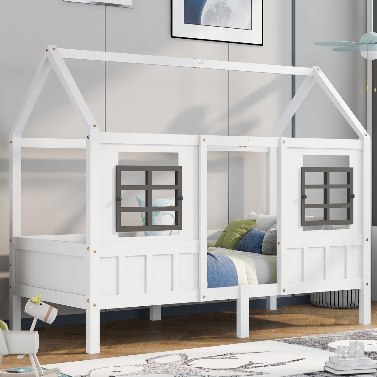Wishdor Huisbed 90x200 cm - 2 Ramen & Veiligheidsranden - Wit Hout - Veilig & Knus
