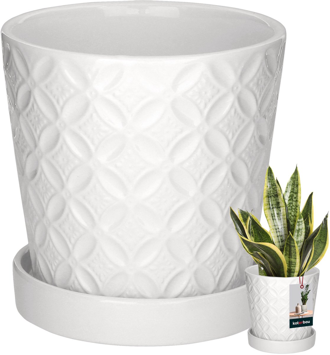 Kotarbau Serie - Keramische Bloempot - Wit - Rond - Met Schotel