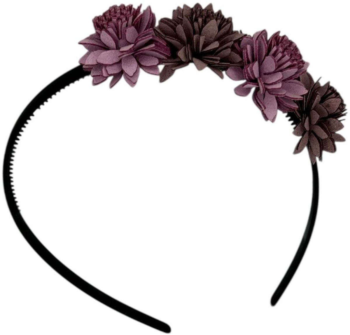 Diadeem leather flower - leren bloemetjes - khaki kleur diadeem - paars