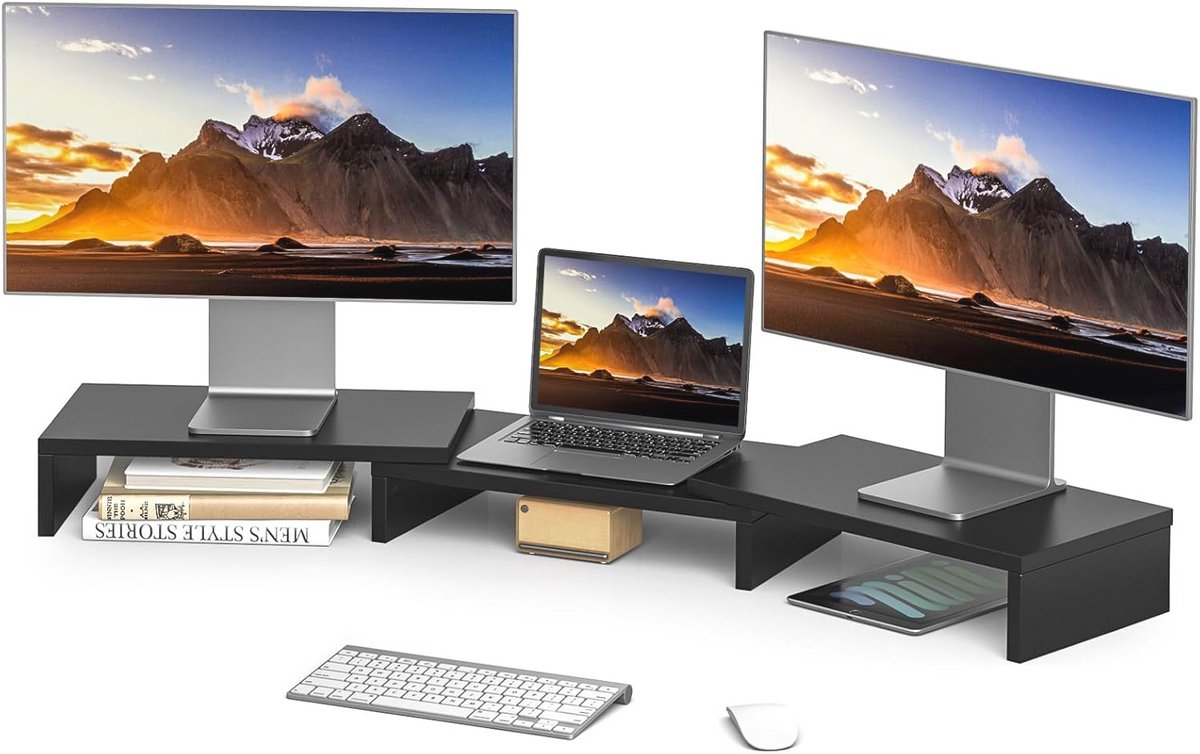 Verstelbare Monitor Stand voor Twee Schermen - Elegante Houten Riser met Antislip Voeten