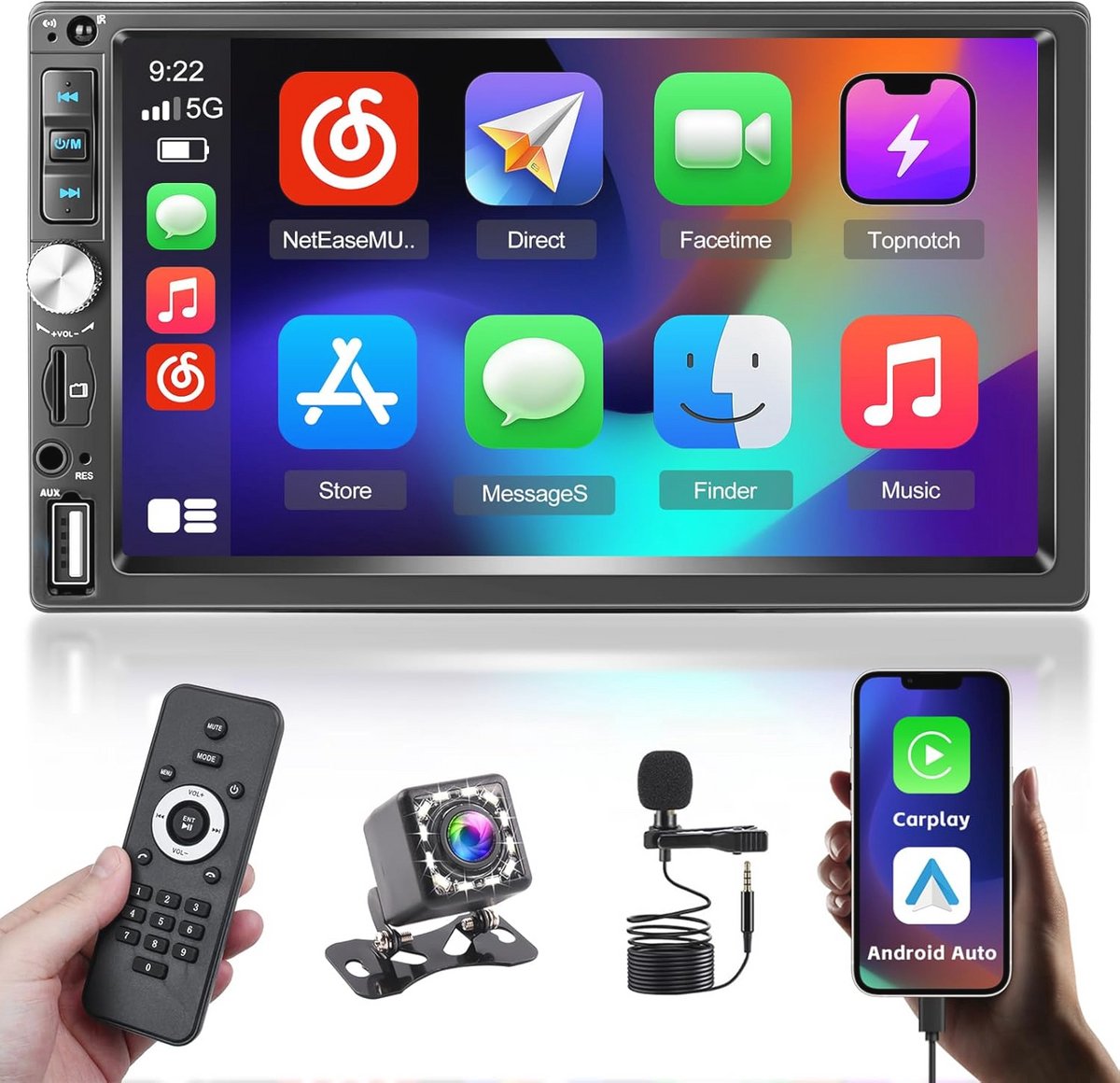 7 Inch 2 DIN Autoradio met Carplay en Android Auto - Bluetooth 5.1, Mirror Link, FM/USB/AUX/TF, Stuurwielbediening, Achteruitrijcamera