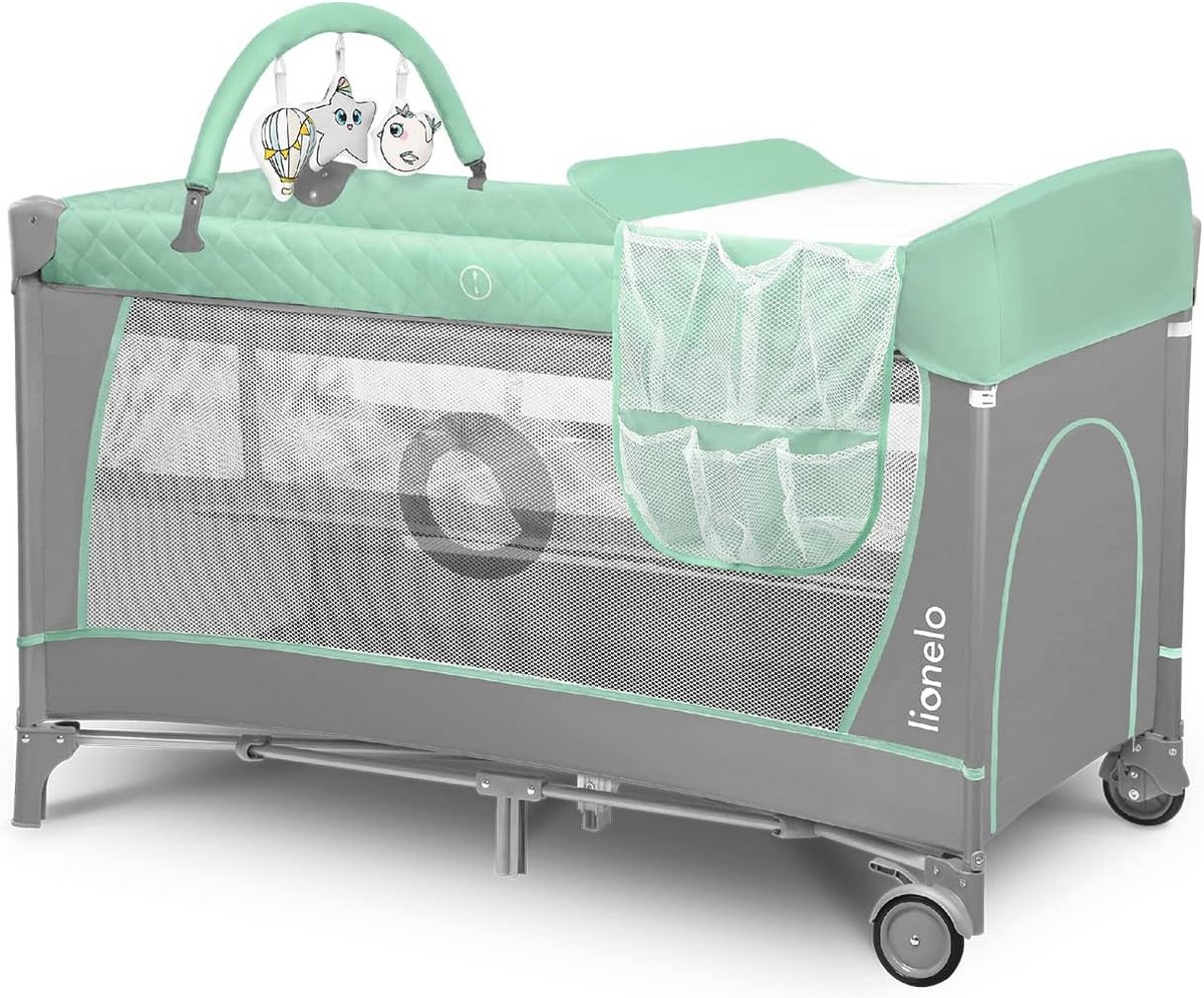 LIONELO Flower Campingbedje 2-in-1: Opvouwbaar Reisbedje & Ledikant met Matras, 2 Verstelbare Hoogtes, Verschoontafel met Organizer, Speelboog, Zij-ingang, Wielen, Draagtas + Bamboe Swaddle, Turquoise