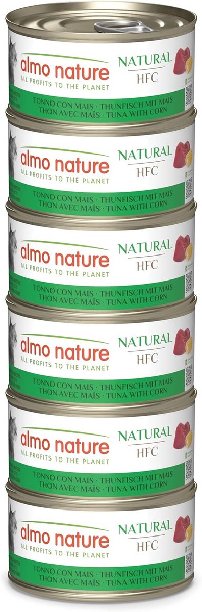 Almo Nature HFC Natural - Natvoer voor Volwassen Katten - Tonijn en Maïs - Human Grade, Glutenvrij, Monoproteïne - 70g, Pak van 6