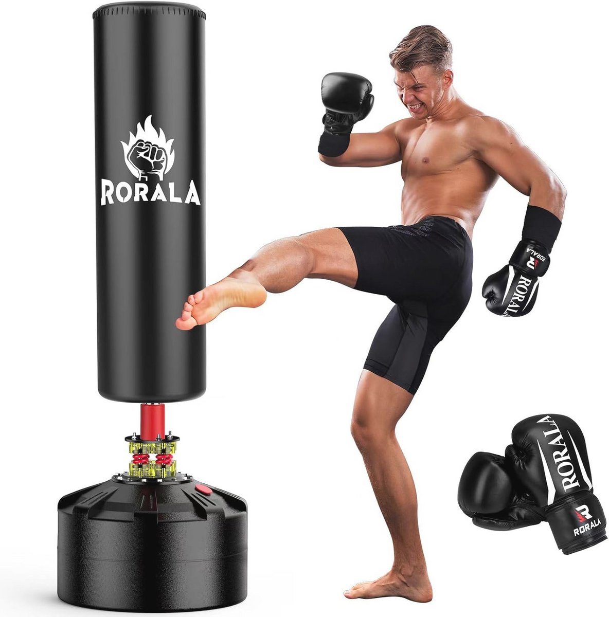 RORALA Bokszak met bokshandschoenen, vrijstaande zware tas voor volwassen kinderen, mannen staande kickboksen zak Max gewicht 250 lbs