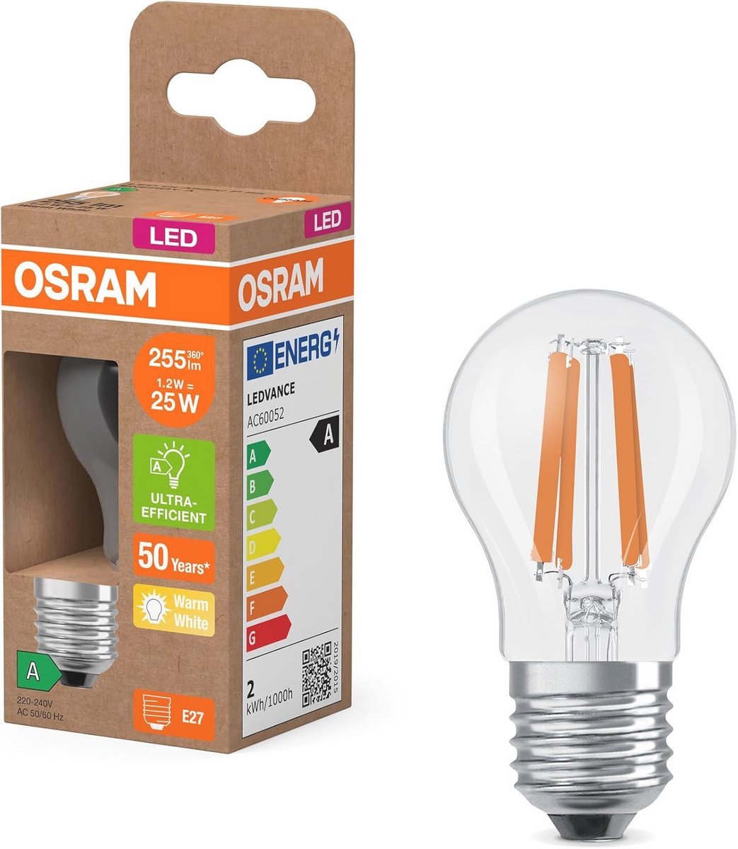 LED-lamp minibolvorm met decoratieve gloeidraad, energiezuinig, E27, 1,2 W, warm wit