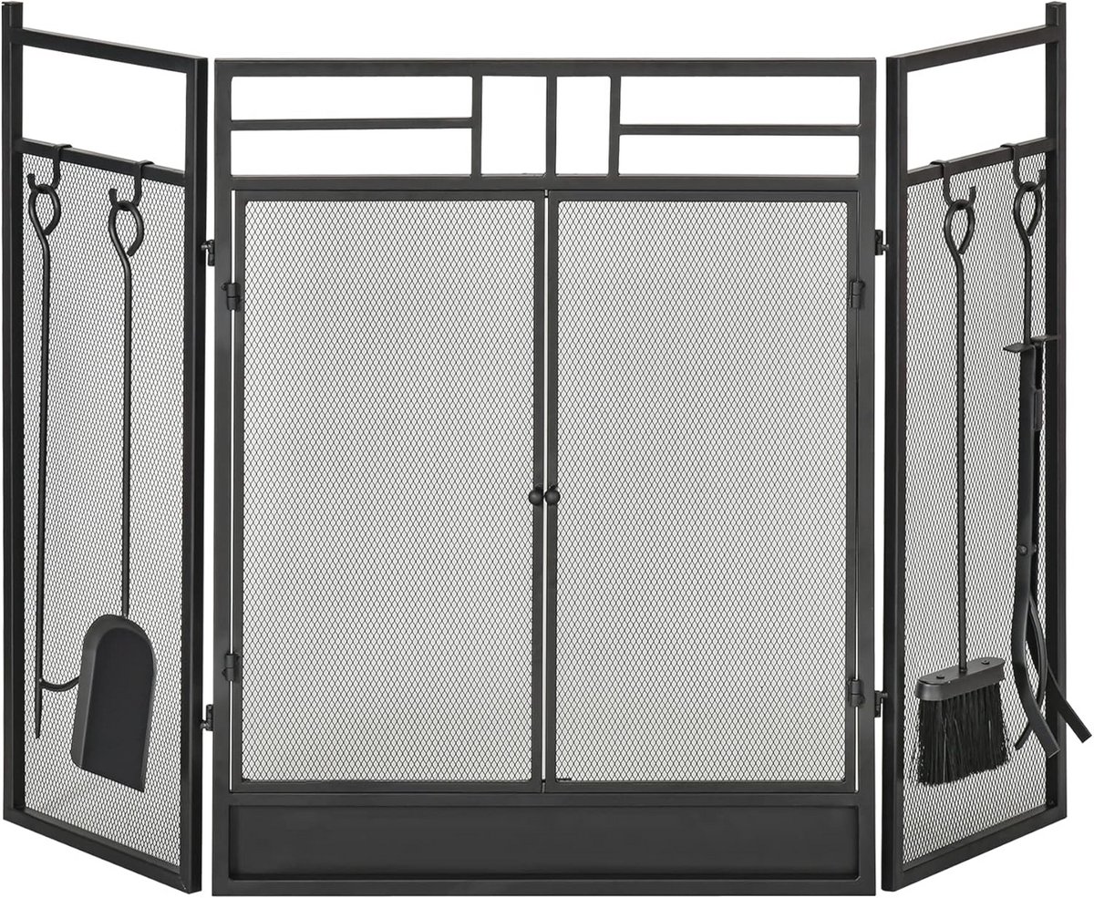 Grote 2-in-1 firewall voor open haard of kachel met accessoires - Zwart metaal