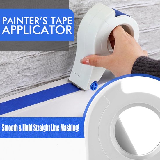 Grijze achtergrond met witte tape applicator. Blauwe schilderstape wordt aangebracht op een muur. Tekst "PAINTER'S TAPE APPLICATOR" en "Smooth & Fluid Straight Line Masking!".