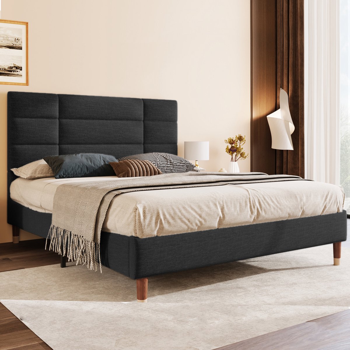 Wishdor Gestoffeerd Bed 140x200 cm – Hoofdbord 8 cm Dik – Zwart Linnen – Messing Poten – Strak & Modern