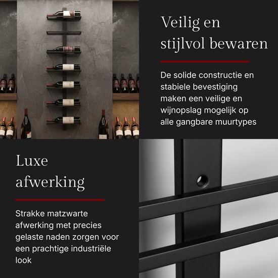 Mémoire® Réserve Wandwijnrek voor 9 Flessen – Luxe Wijnrek voor Aan de Muur – Stijlvolle Wijnopslag van Metaal – Verticale Wijnpresentatie – Ruimtebesparend Design – Perfect voor Woonkamer, Keuken en Wijnliefhebbers