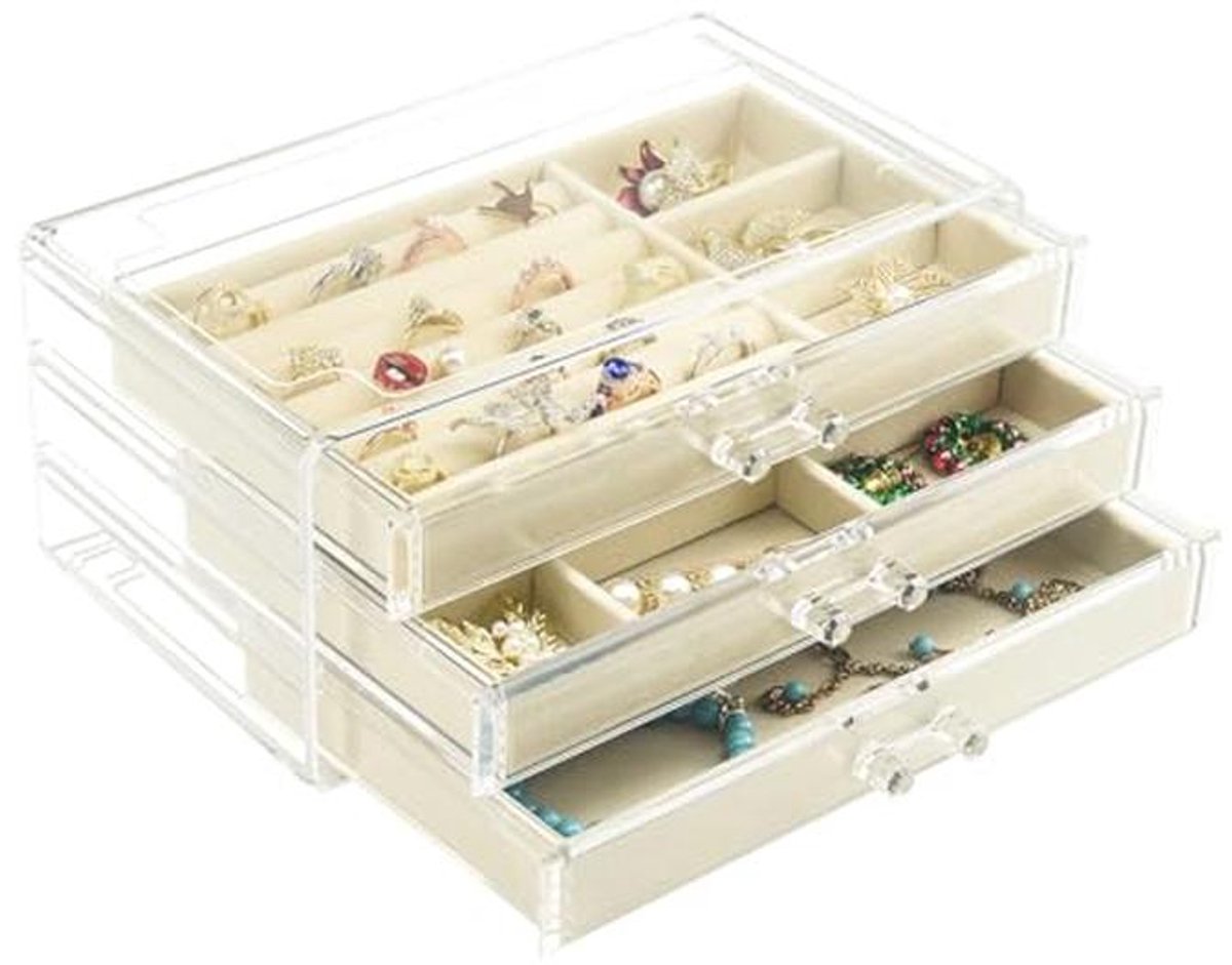 Sieradendoos met 3 Laden - Fluwelen Organizer voor Oorbellen, Kettingen en Armbanden - Cadeau voor Vrouwen en Meisjes - Beige