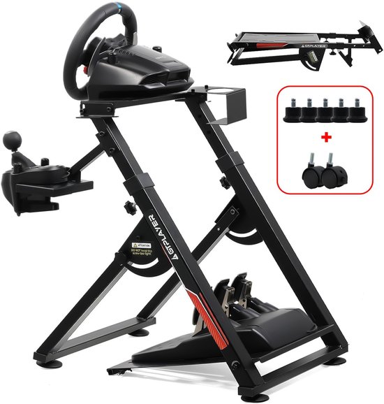 Zwarte race simulator stuurstandaard met racestuur, schakelpook en pedalen. Bevat wielen en voetjes.